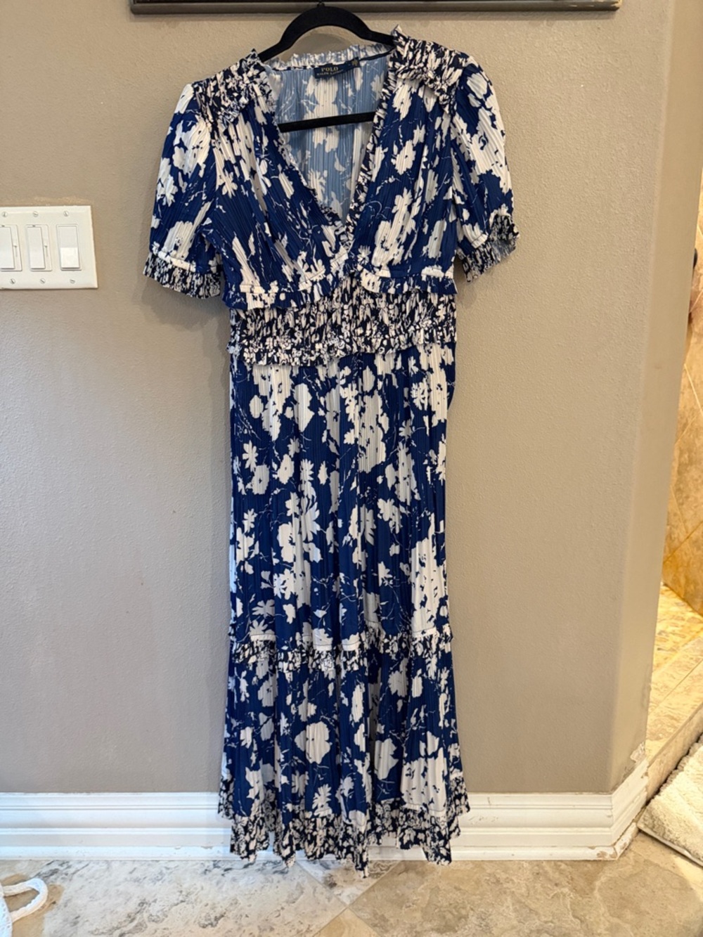 Polo by Ralph Lauren Blue and White Floral V-Neck Midi Dress